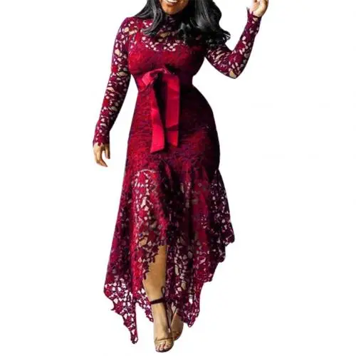 Женское платье с длинным рукавом, с бантом, с поясом, с неровным подолом, кружевное, сексуальное, облегающее, длинное платье, модное женское платье, офисное, женское платье, Vestido, новинка - Цвет: Wine Red