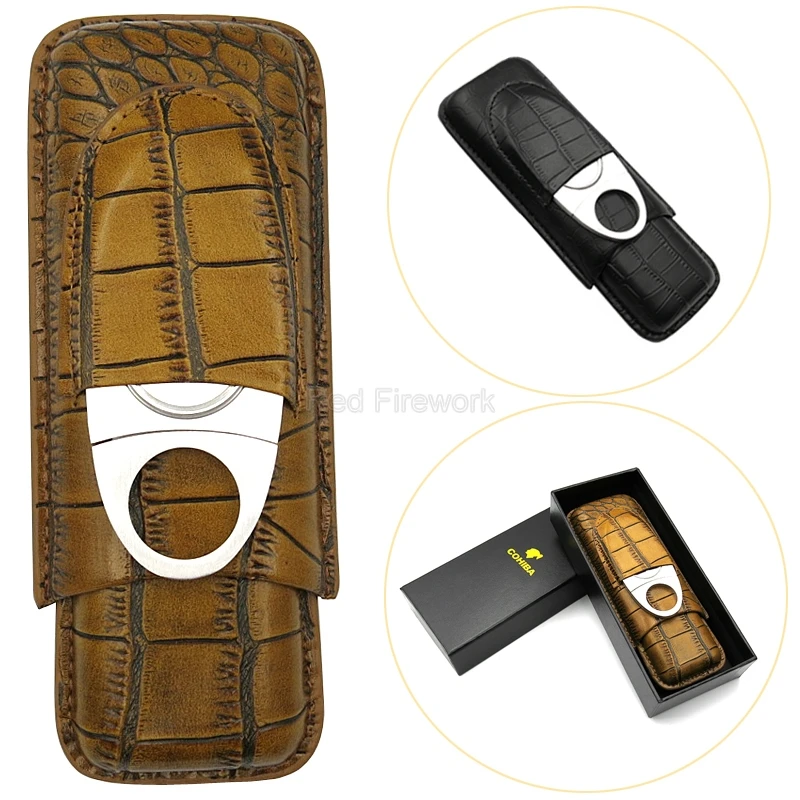 COHIBA элегантный кожаный чехол для сигар с 2 трубками и узором под крокодиловую