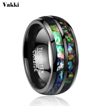 

VAKKI Men Rings Electroplated Black Inlaid Shells Opal Dome Tungsten Steel Ring Size 7/8/9/10/11/12