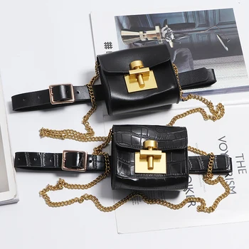 

Women luxury designer belt black brown chains crocodile pattern small pocket bags female fashion belt