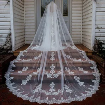 

Custom Made Wedding Veils Three Meters Long Wide Veils Lace Applique One Layers Cathedral Length Bridal Veil