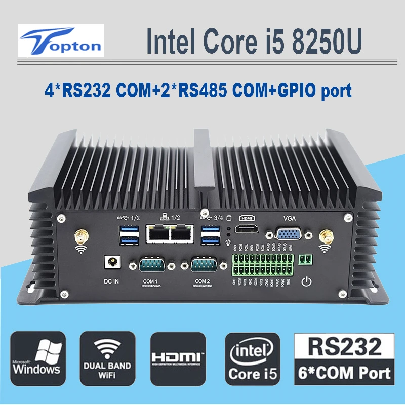 Промышленный мини ПК без вентилятора i7 8550U i5 8250U четырехъядерный 2 * DDR4 COM Windows 10 Pro