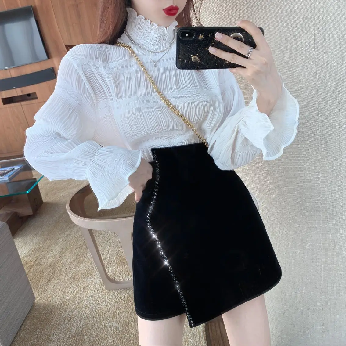 Ins CHIC Europe French Irregular Velvet Hand Bead Rhinestone Woman Velour Mini Skirt High Waist Bodycon Lady Bottom Black Winter