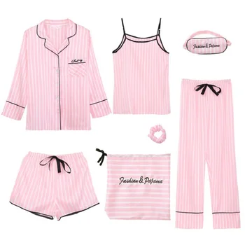 

Pink Women Pajama Set 7 Pieces Pajamas Sets Emulation Silk Striped Pyjama Women Sleepwear Sets Spring Summer Autumn Homewear