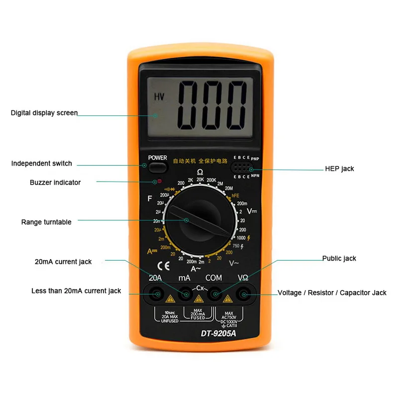 Цифровой мультиметр переменного тока постоянного тока цифровой мультиметр тестер ЖК-дисплей Дисплей ручной мультиметр Вольтметр DT9205A Портативный вольтметр