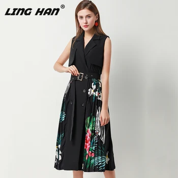 

LINGHAN Fashion Pleated tank Dress Elegant Print Ruffles Turn-down Collar Midi Dresses Designer Spring Summer New