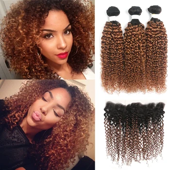 

Ombre Brown Kinky Curly Bundles With Closure SOKU T1B/30# Brazilian Hair Weave 3 Bundles With Closure Non-Remy Hair Extension