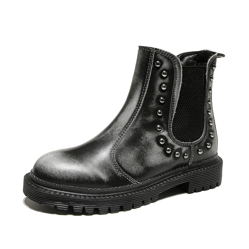 

2019 Fashion Women Genuine Leather Boots Slip On Autumn Ankle Ladies Boots Chelsea Low Heels Flat Casual Woman Boots rivet B118