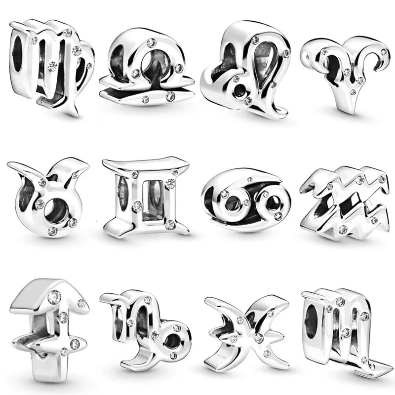 12 Designs Sparkling Zodiac Charm Beads for Jewelry Making Clear CZ Silver 925 Crystal Charms Bracelets Women | Украшения и