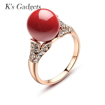 

Natural Rose Gold Silver Plated Austrian Crystal Ball Artificial Coral Rings For Women Red Stone Antique Round Ring
