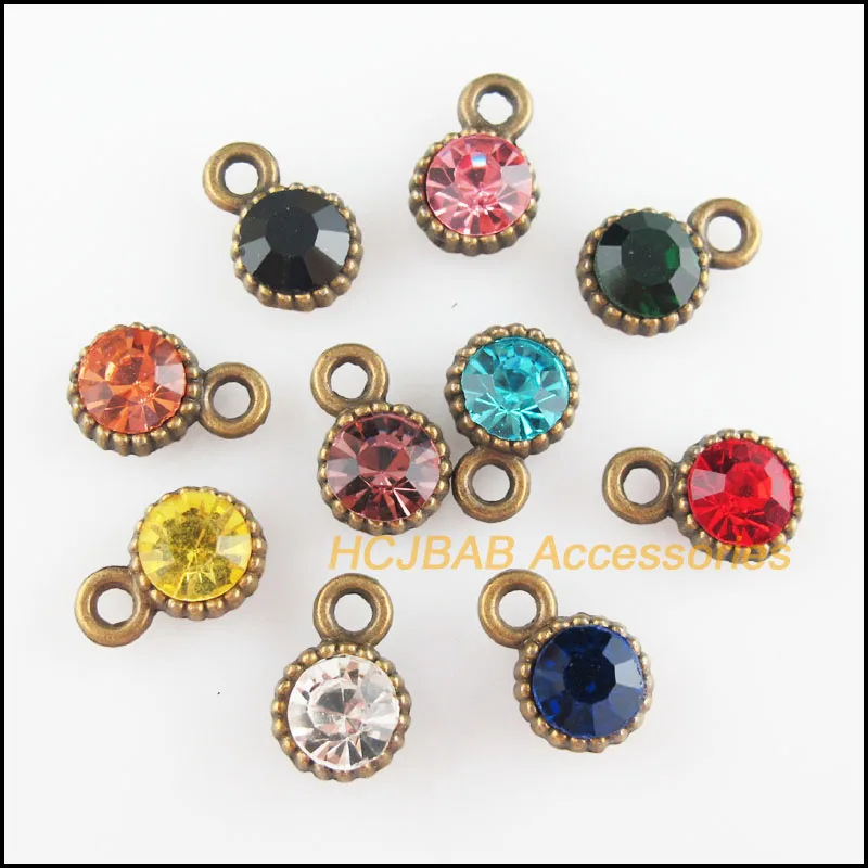 

20 New Round Charms Antiqued Bronze Plated Flower Mixed Crystal Pendants 8.5x13mm