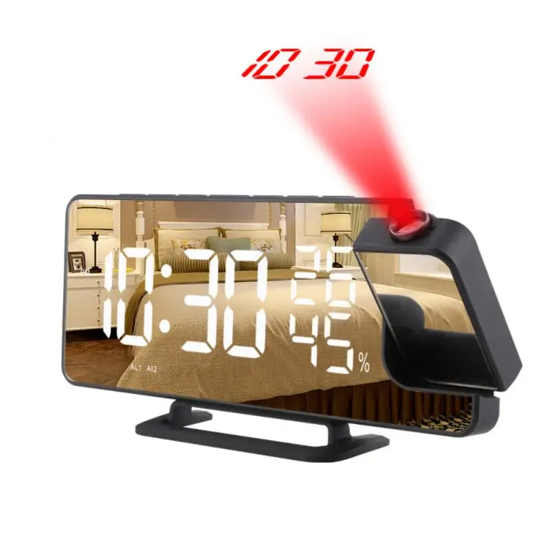 LED Digital Mirror Projection Alarm Clock Home FM Radio Thermometer Hygrometer USB Wake Up Watch 180° Projector Time Snooze Gift 