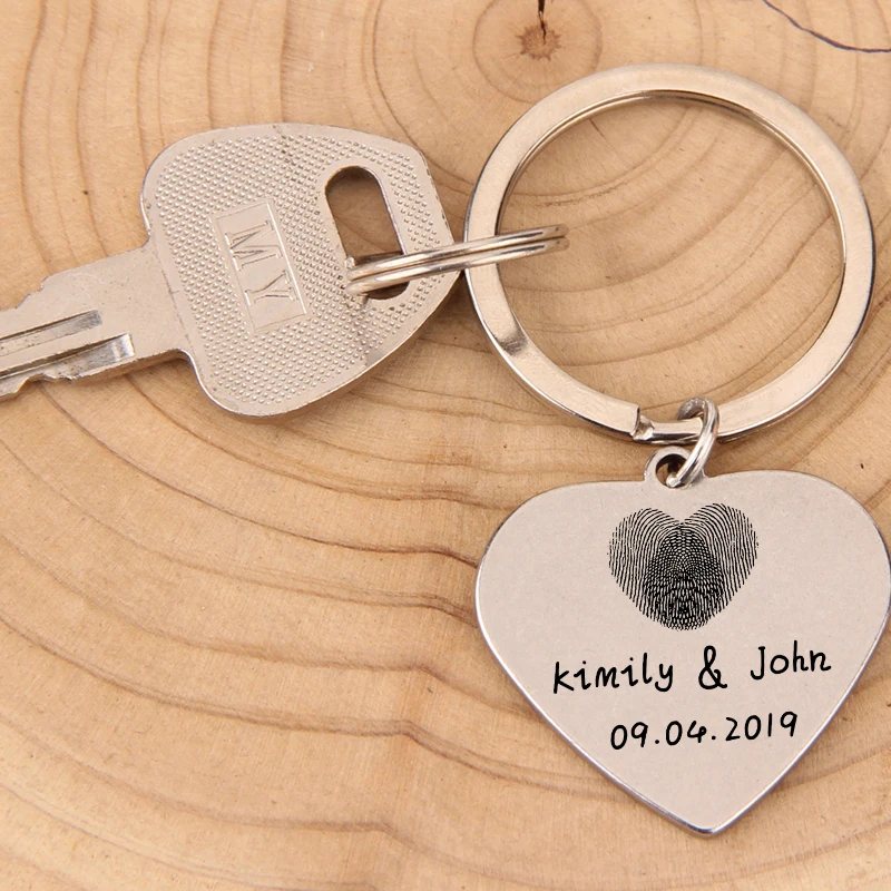 Heart Shaped Key Chain For Couple Name Date Customized Jewelry Fingerprinted Lover Anniversary Gift For Boyfriend Girlfriend