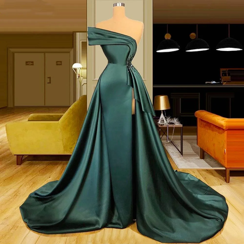 rose gold prom dress Long Dark Green Satin Prom Dress Elegant Ruched Beads Split Evening robes de soirée vestidos elegantes para mujer فساتين السهرة blue prom dresses