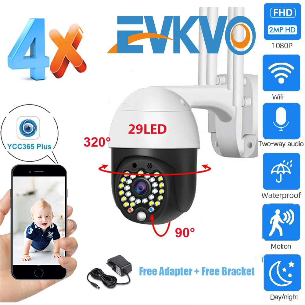 

EVKVO IP Camera WiFi HD1080P Wireless Wired PTZ 4X Zoom Outdoor CCTV Security Camra Double Light Human Detection AI Cloud Camera