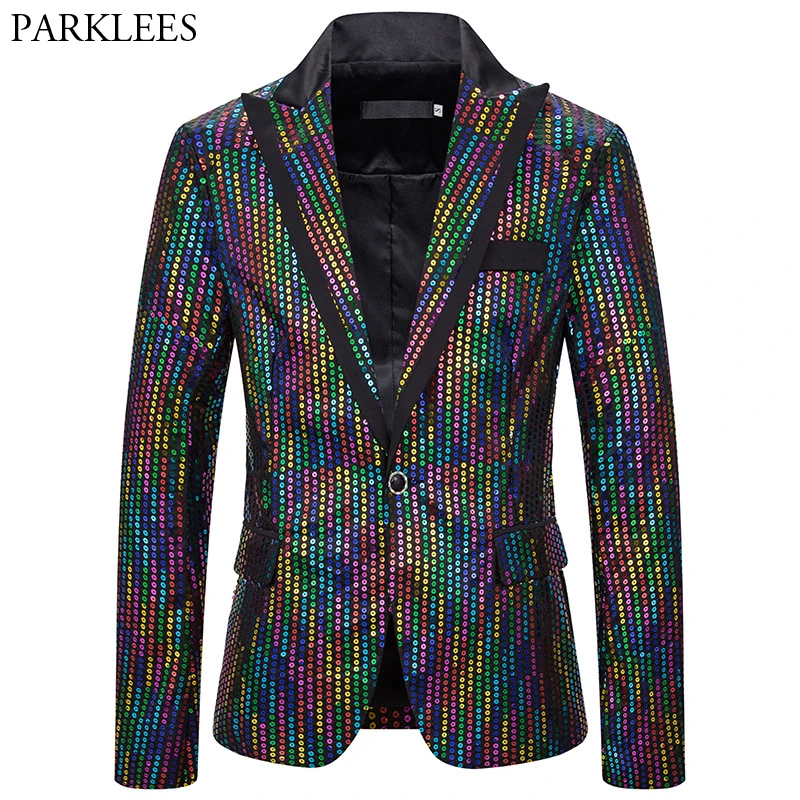 

Shiny Colorful Sequin Men Blazer Notched Lapel Slim Fit Men Suit Jackets Glitter Mens Dress Jacket Nightclub Dance Party Blazers