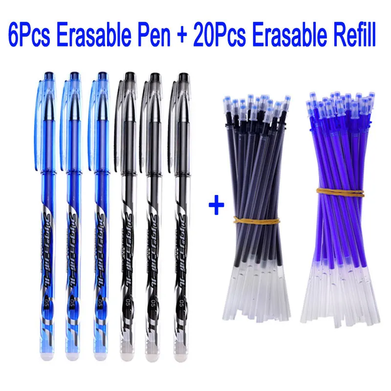 

6+20Pcs/Set 0.5mm Erasable Gel Pen Erasable Pen Refill Rod Blue Black Ink Handle School Stationery Office Writing Tools