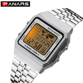 

PANARS Digital Watch Men Metal Body Stainless Steel 50M Waterproof Ladies Men Wristwatches Military Table width 34 reloj hombre