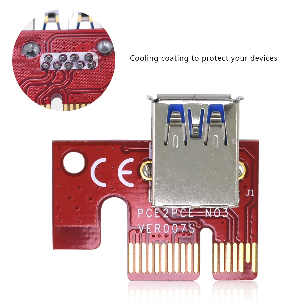 TISHRIC New Red VER007S PCI Express Riser Card 1x to 16x PCI-E extender 60cm USB 3.0 Cable 15Pin SATA for Mining Bitcoin Miner