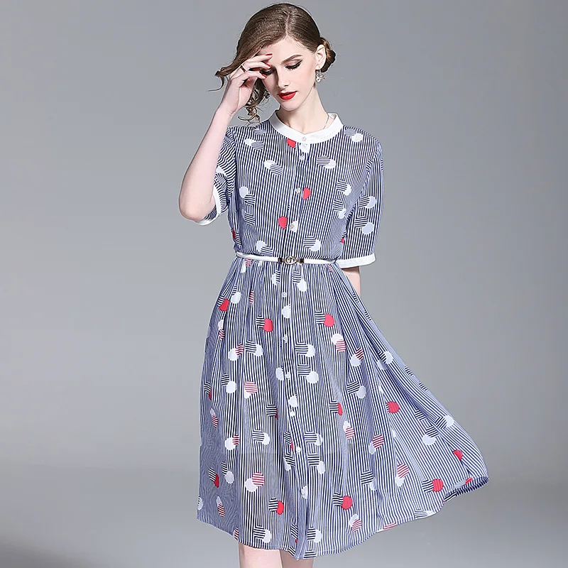 

Shirt dress women's 2020 new summer temperament commuter wind show thin stripe print contrast A-line dress plaid dress