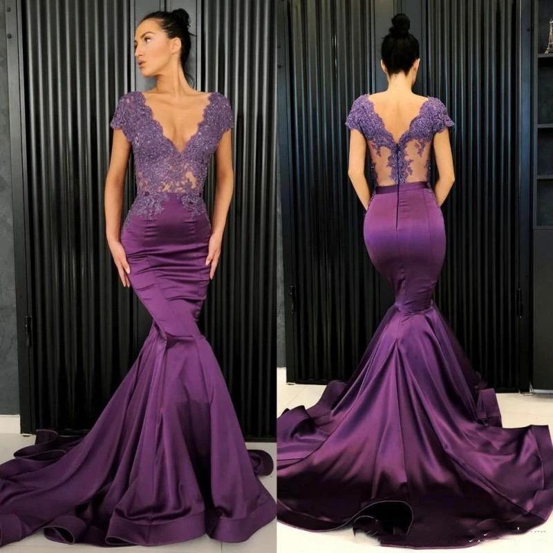 Grape Purple Mermaid Evening Dresses V Neck Lace Appliques Prom Gowns See Through Top Cap Sleeve Formal Party Dress Custom Made | Свадьбы и