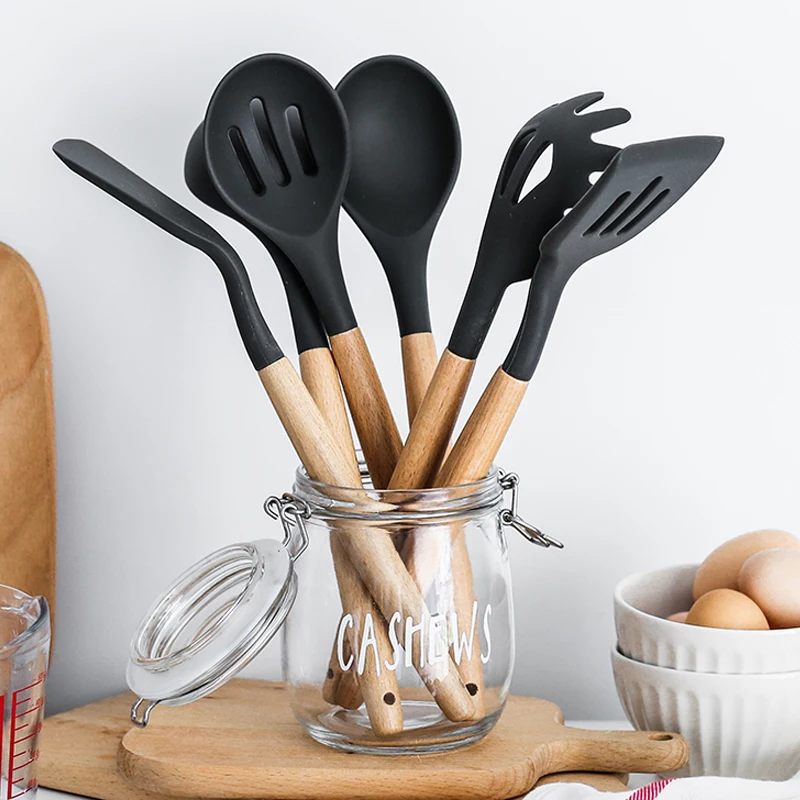 13PCS Silicone Kitchen Tools Cooking Sets Soup Spoon Spatula Non-Stick Shovel With Wooden Handle Special Heat-Resistant Design