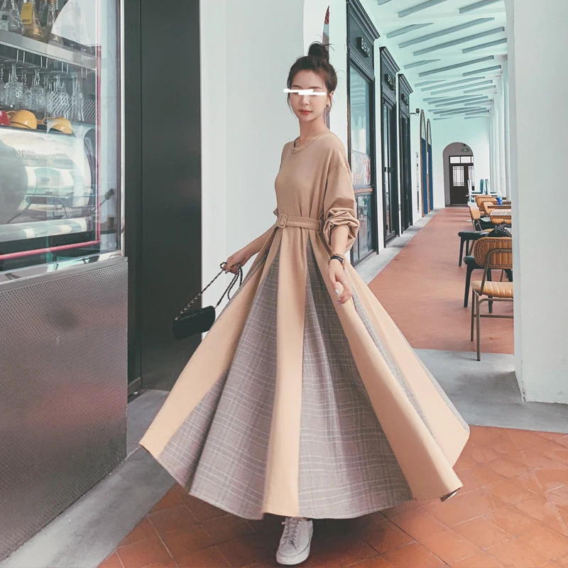NSMW MI 2021 French Long Sleeve Sweater Dress Women Spring Autumn Clothing Large Swing Color Matching Casual Long Dress D49