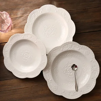 

Embossed Flower Ceramic Plate Dinner Plate Salad Plates Lace Soup Bowl Dessert Fruit Tray Cold Dish