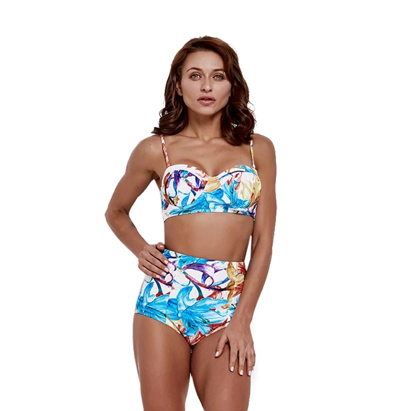 

Newest ArrivalWomen Gathered Thin Tankini Sexy High-waist Bikini Swimsuit Printed Swimwear Lady Underwire Padded Bra Beach