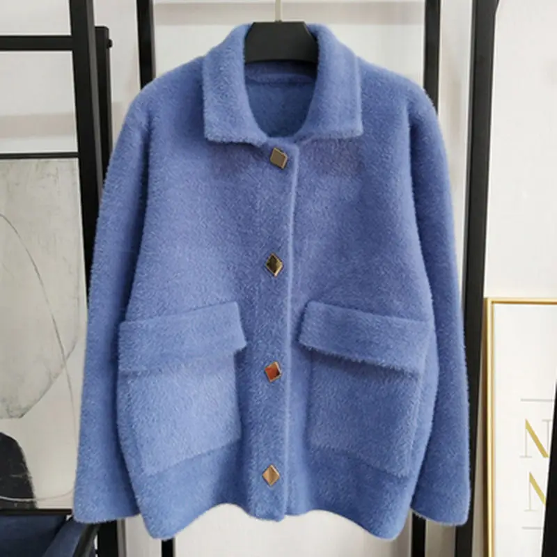 Новое осенне-зимнее пальто женская одежда короткая куртка из искусственной замши женская верхняя одежда свободные женские Шерстяные Топы вязаный кардиган - Цвет: Синий