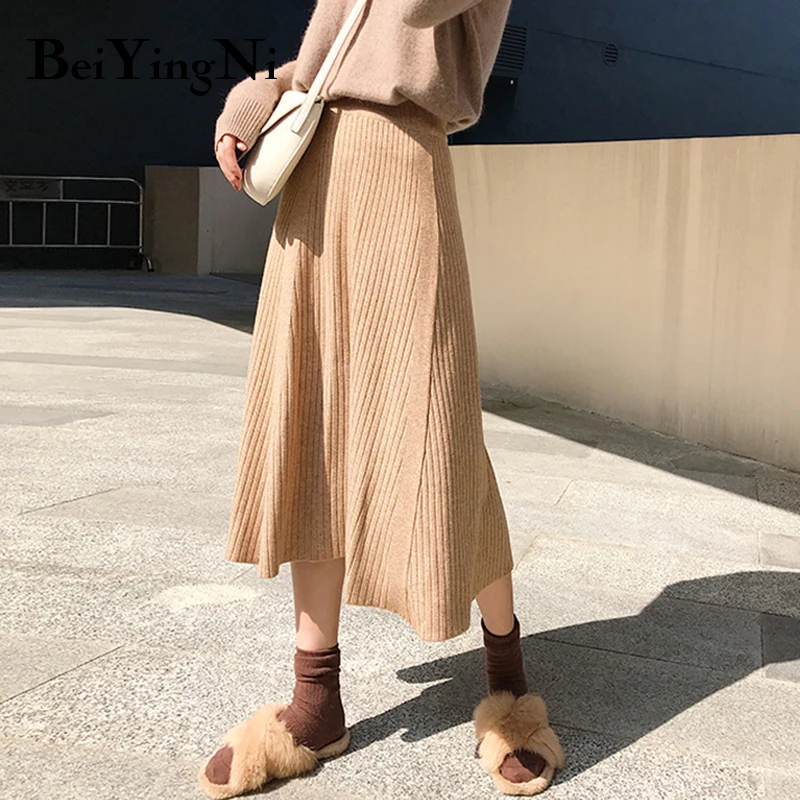 Beiyingni, винтажная, Харадзюку, толстая юбка, женская, одноцветная, плиссированная, черный, абрикосовый, повседневные, миди юбки, для женщин, s, с высокой эластичной талией, Saia