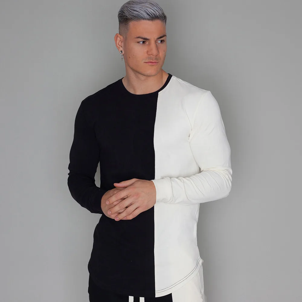 Модная Лоскутная футболка мужская с длинным рукавом Тонкая футболка 2019 осень Новая повседневная мужская футболка фитнес черные топы