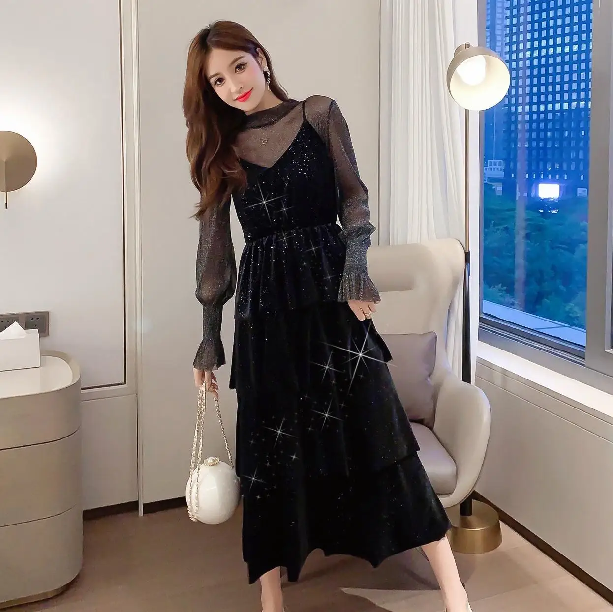 

Spring 2020 New Women Star Sequins Gauze Flare Sleeve Lace Up Princess Dress Female Elegant O-neck Mesh Puff Dresses 2#15/10D50