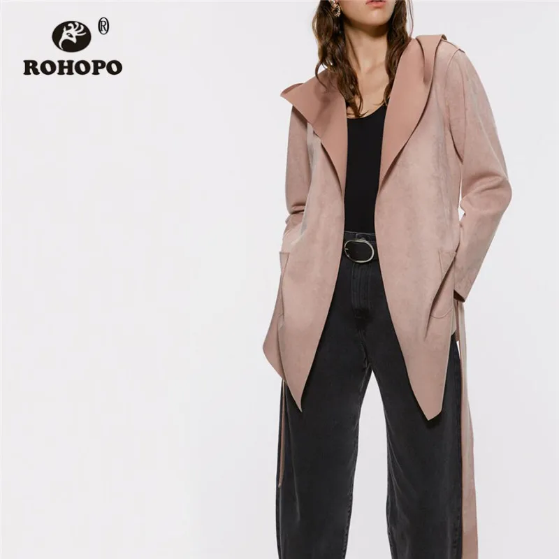 ROHOPO V Lapel collar Waistband Suede Solid Trench Coat Black Pink Side Split Hem Welted Pockets Fake Leather Overcoat#9292