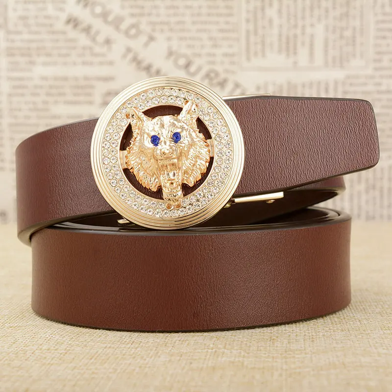 brown Gold buckle Мужской ремень с пряжкой в виде волчьей головы, роскошная Высококачественная натуральная кожа, брендовый дизайнерский автоматический мужской ремень с пряжкой, горячая Распродажа - Цвет: brown Gold buckle