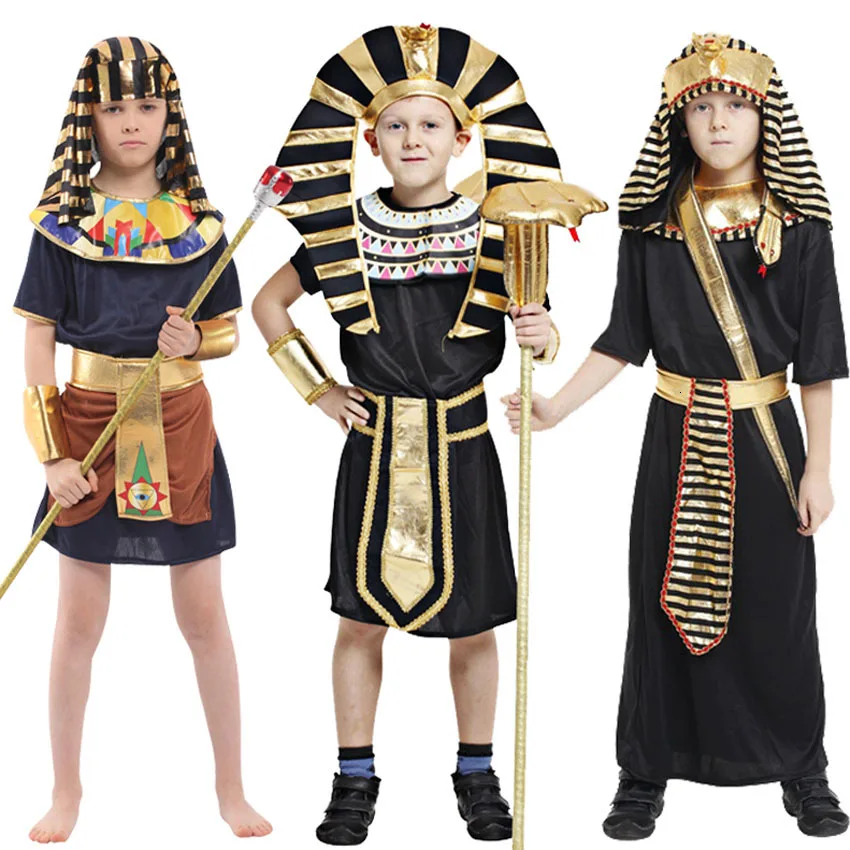 

5PCs Set Egyptian Pharaoh Cosplay Ancient Egypt King Halloween Costume for Kids Performance Masquerade Royal Fancy Dress Party