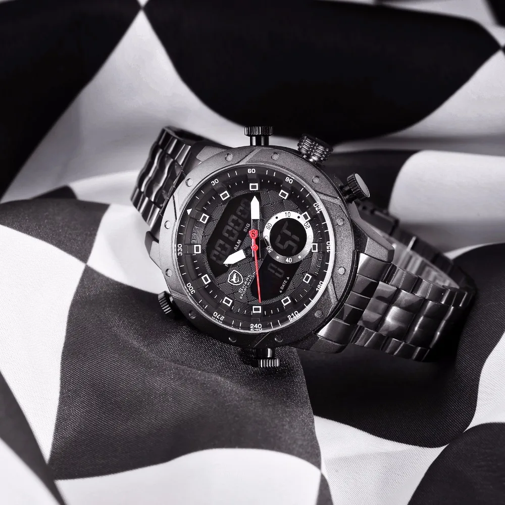 SHARK Luxury Brand Men Military Sport Watch Men Quartz Hour Alarm LCD Analog Digital Watch Male Black Steel Strap Clock /SH591