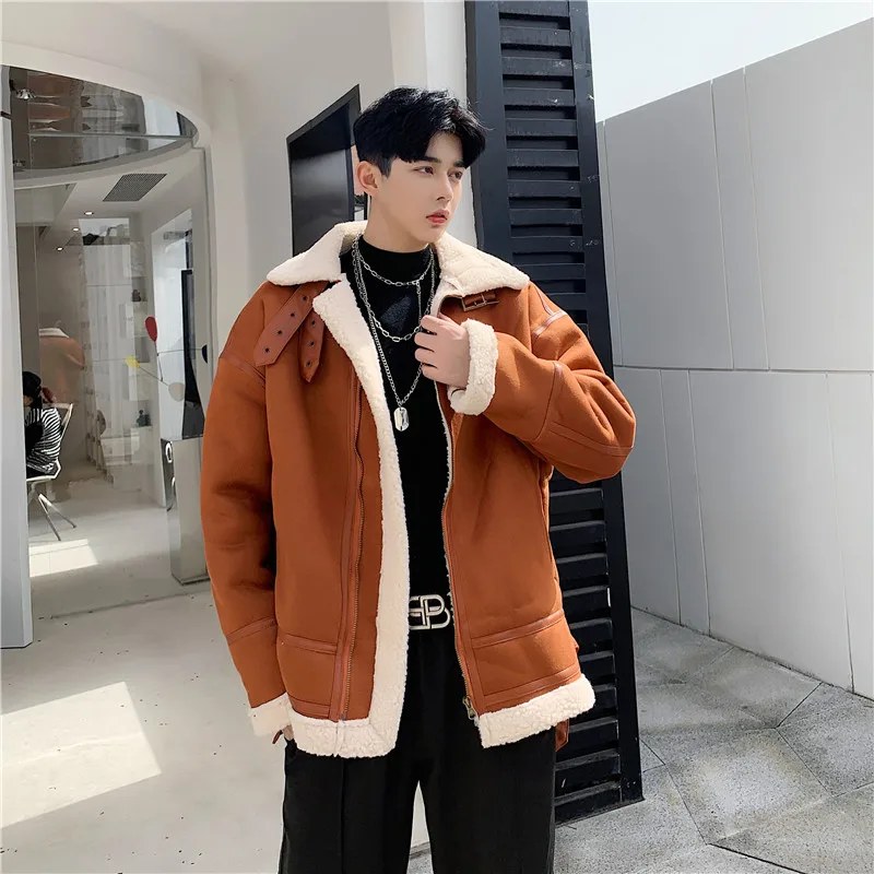 MIXCUBIC Autumn England style personality Suede jackets men casual loose Thicken lambswool lapel jackets coat men,M-XXL