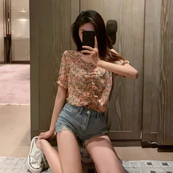 

COIGARSAM Short Sleeve blouse women New Summer Chiffon Print V-Neck blusas womens tops and blouses 8212