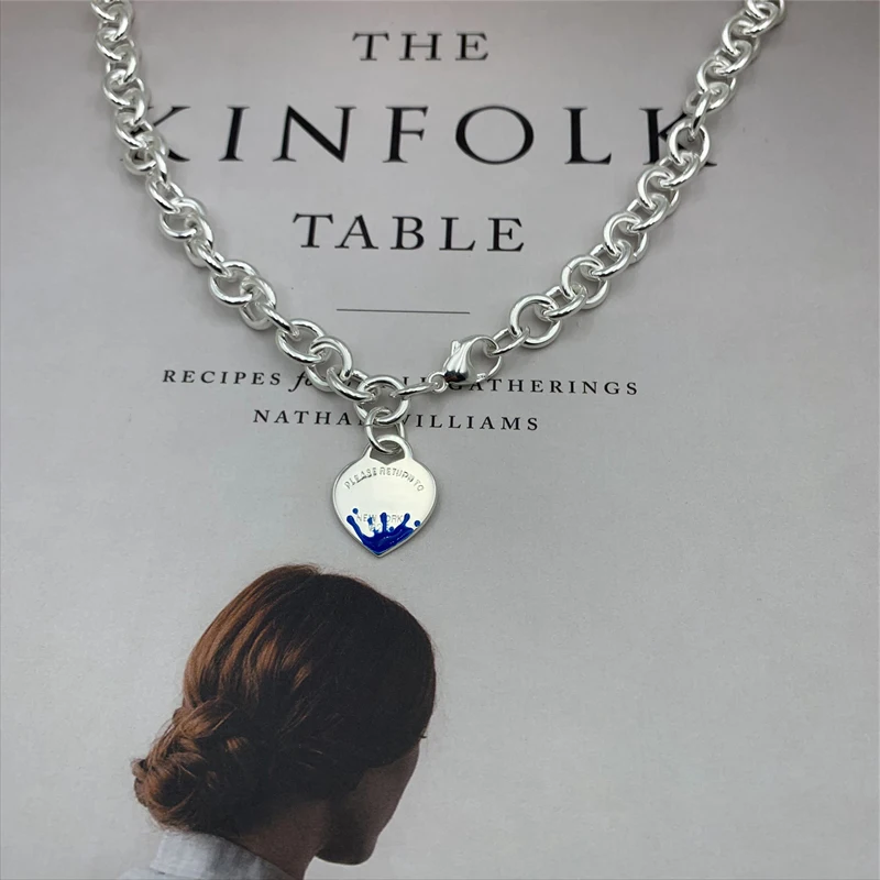 

SHINETUNG TIFF 1: 1 Sterling Silver Classic Fashion Blue Enamel Splash Heart Pendant Necklace Logo women's Birthday Gift
