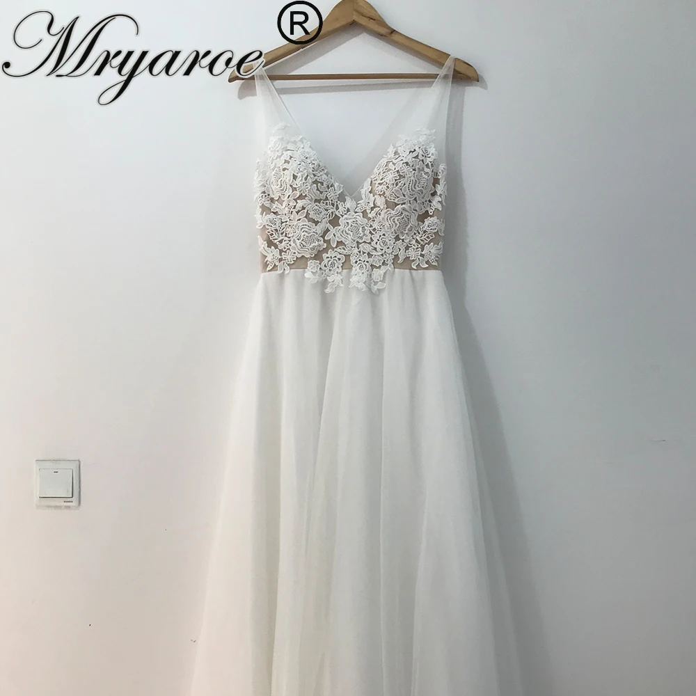 Mryarce New Arrival Simply Elegant Wedding Dress V Neck Lace Appliqued OPen Back Tulle A Line Birdal Gowns (2)