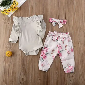 

CANIS Spring Autumn Infant Baby Girl Kid Ruffles Long Sleeves Top + Floral Printed Bowknot Pants + Headband Clothes