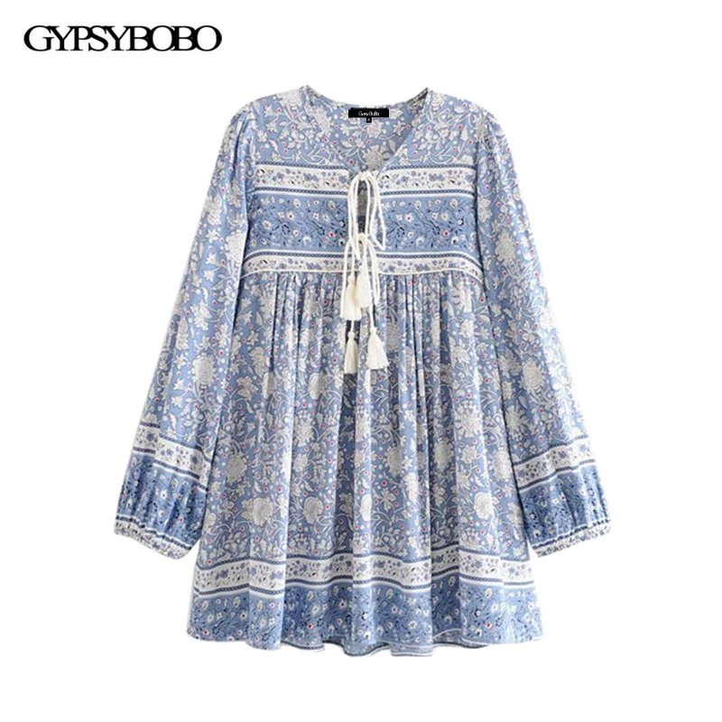 GYPSY Boho Chic летние топы Винтаж Цветочный Принт Кисточкой плиссированные блузки Для женщин модные пляжный костюм с длинным рукавом рубашки