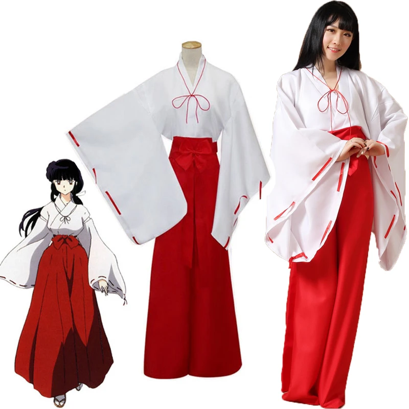 Anime Inuyasha Kikyo Cosplay Miko Shrine Maiden Japanese kimono Costume Womens
