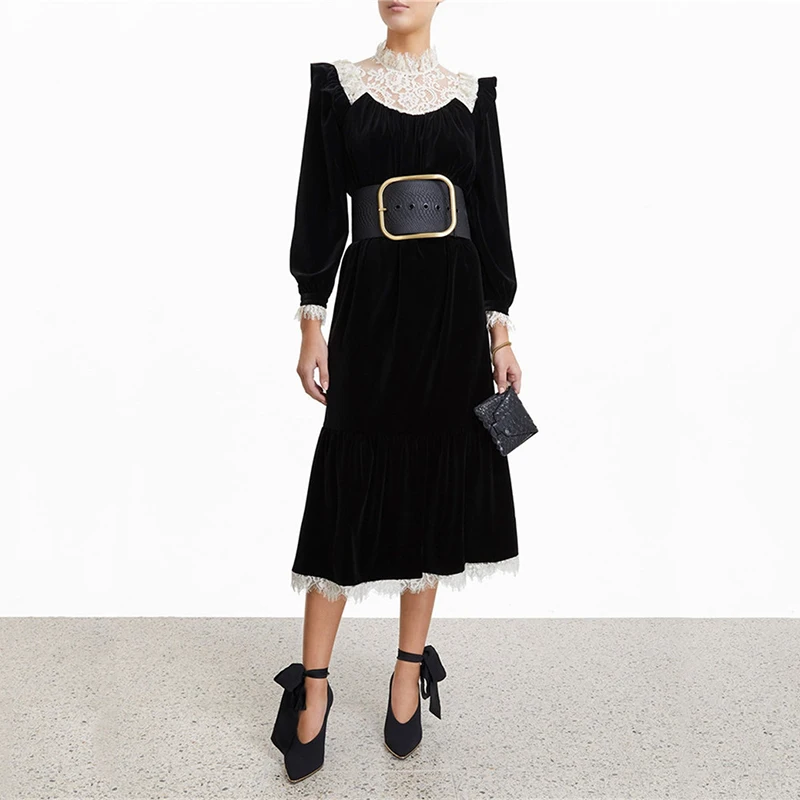 Осенняя зимняя одежда женское винтажное элегантное Плиссированное черное кружевное лоскутное бархатное платье с длинным рукавом дизайнерское платье-миди