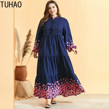 

TUHAO 2020 Spring Large Size 4XL 3XL Dresses for Women's Navy Blue Printed Pleated Fashion Bohemian Long Dress Mother Mom WM13