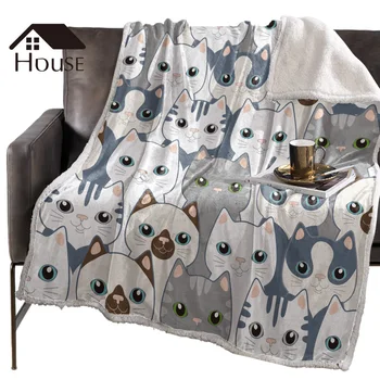 

BIGHOUSES Throw Blanket Cat Kitten Lovely Blue White Round Gray Fleece Blankets Winter Blanket Personalized Blankets Bedclothes