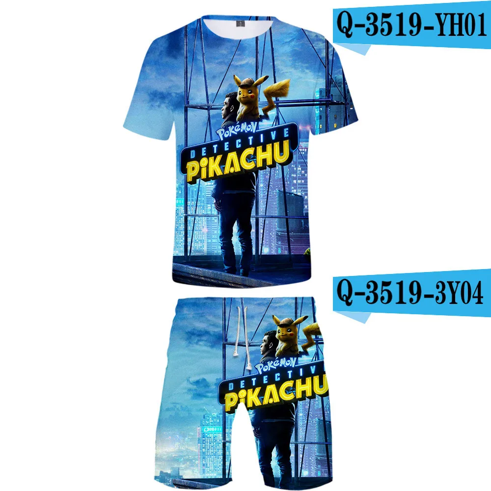 Z&Y 4-20Y Newest Pokemon Go Detective Pikachu 3D Print Leisure Boys Clothing Sets New Round Collar T-shirt and Short Pants