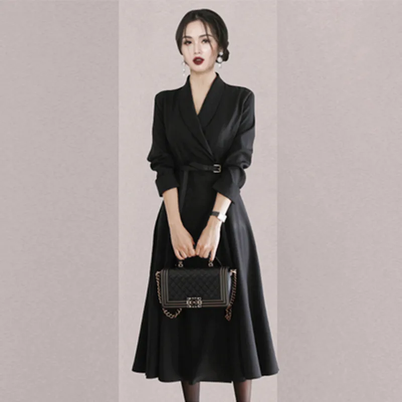 

Temperament High-End OL Office Women Long Dress Female 2023 Spring Notched Collar Long-Sleeved With Belt Big Swing Dress