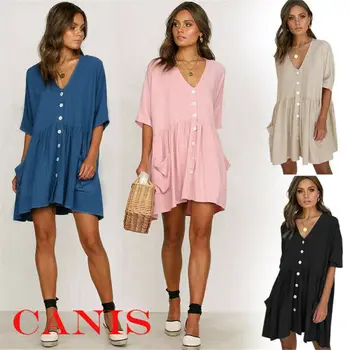 

New 2019 Fashion Women Holiday Loose Button Pocket Dress V-neck Beach Mini Swing Sun Dress Tops